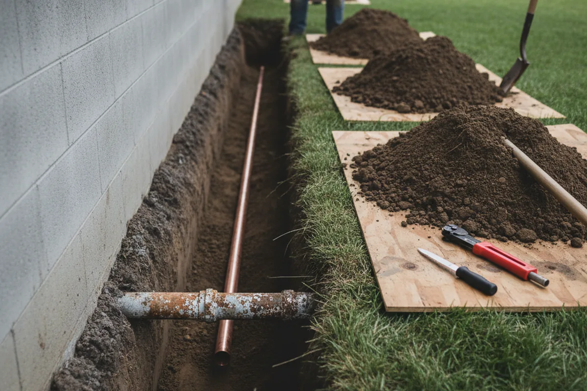 Excavated water line trench during Sewer Line Repair in Stevenson